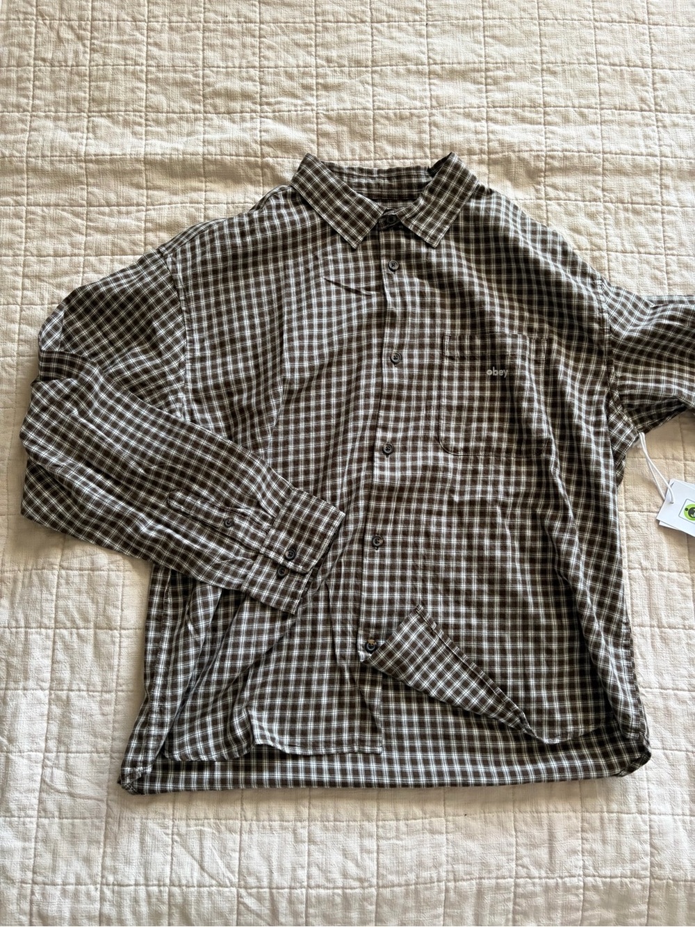 Obey Men’s Brown and White Plaid Button-Down Shirt